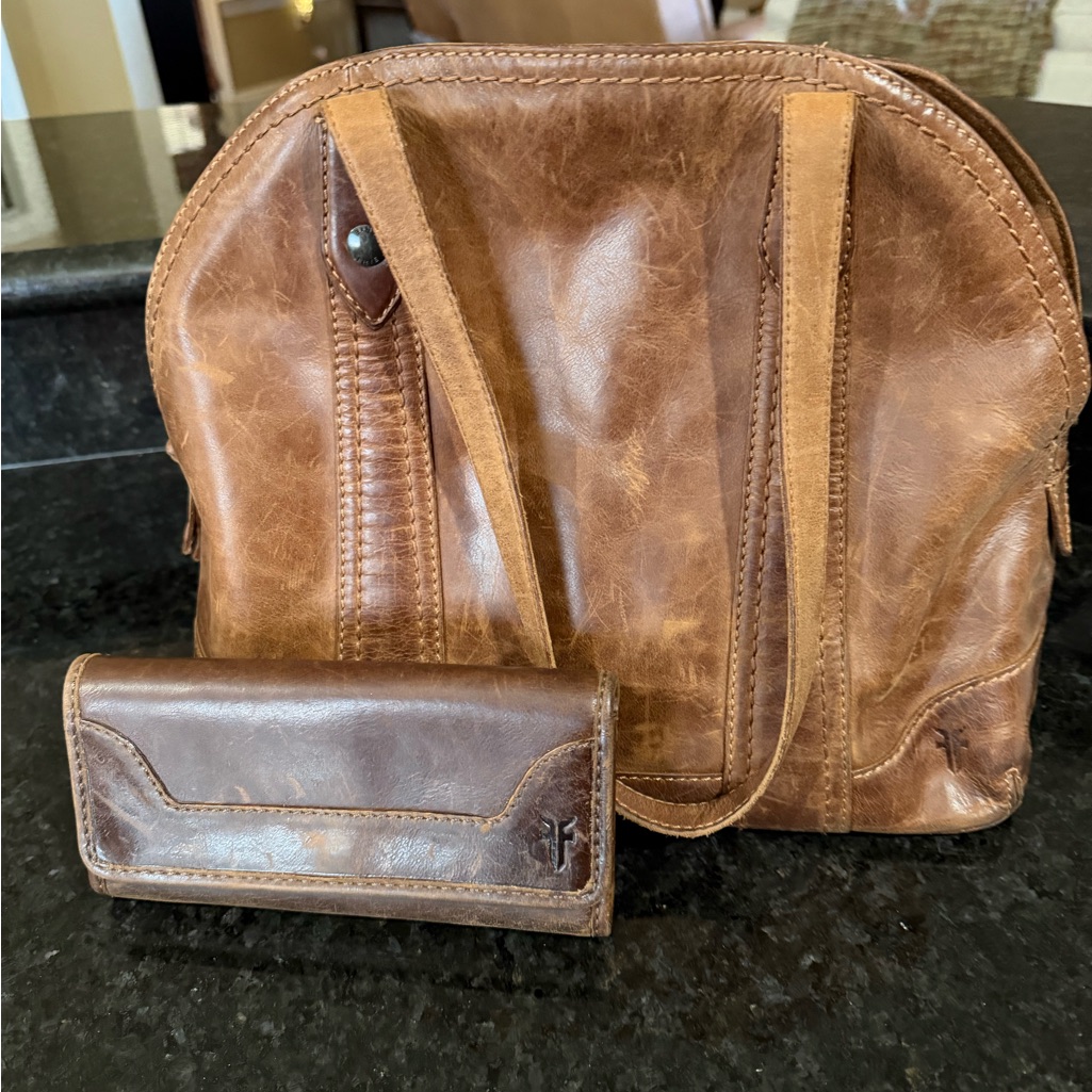 Frye Cognac Leather Satchel + Matching Wallet Set Excellent Condition